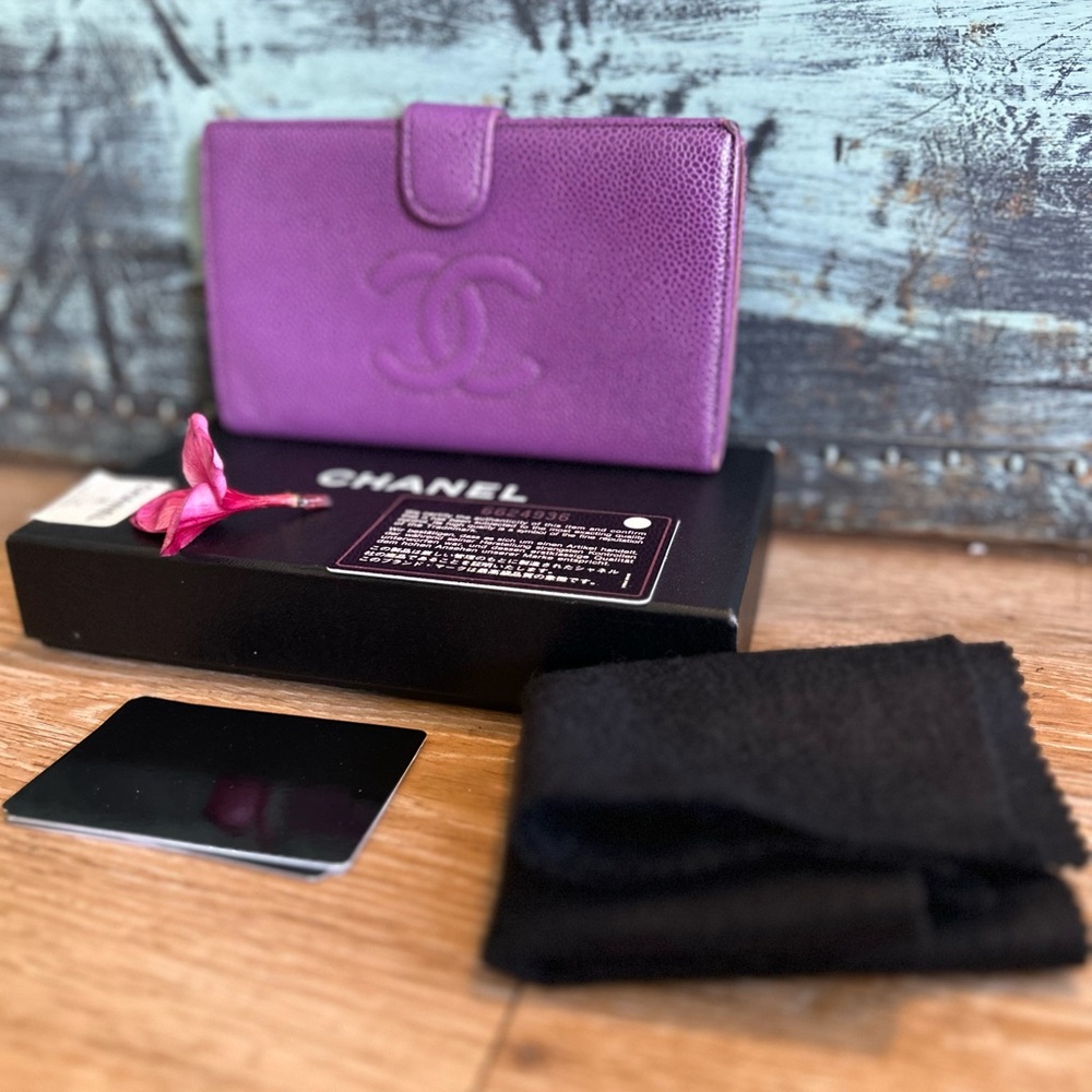 Authentic Chanel Eggplant Purple long Wallet Caviar Rare Color
